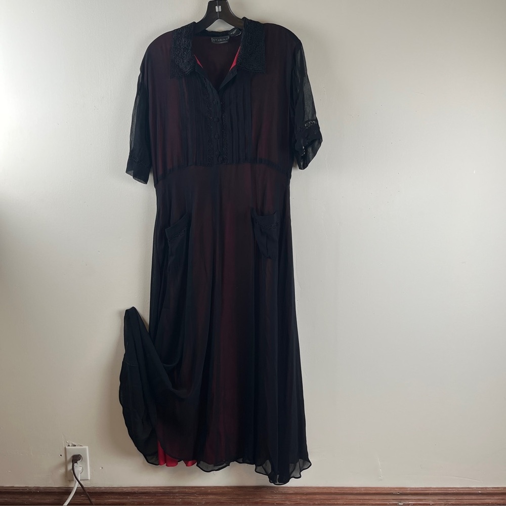 Vintage Starina 1990s Sheer Red Black Maxi Dress